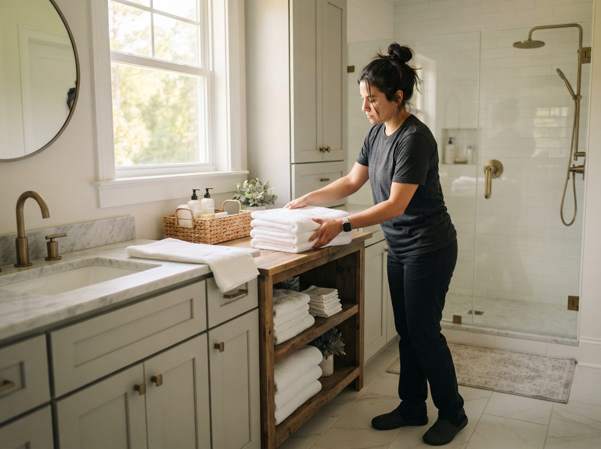 Housekeeping service in Thomasville, GA - folding fresh towels in a clean bathroom