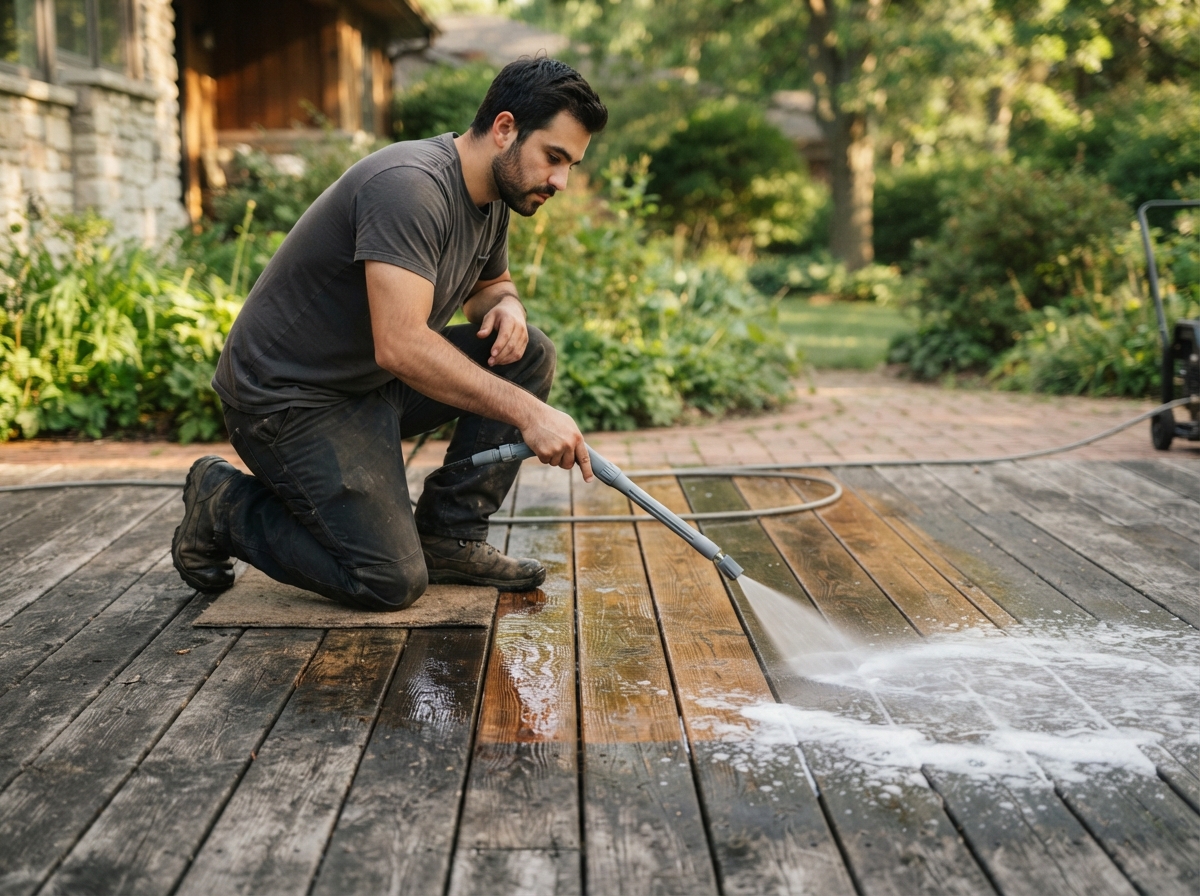 Deck cleaning in Thomasville, GA - soft washing a wood deck with equipment