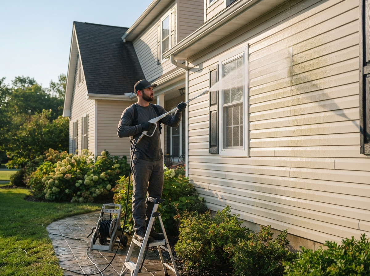 House washing in Thomasville, GA - soft washing siding with water spray