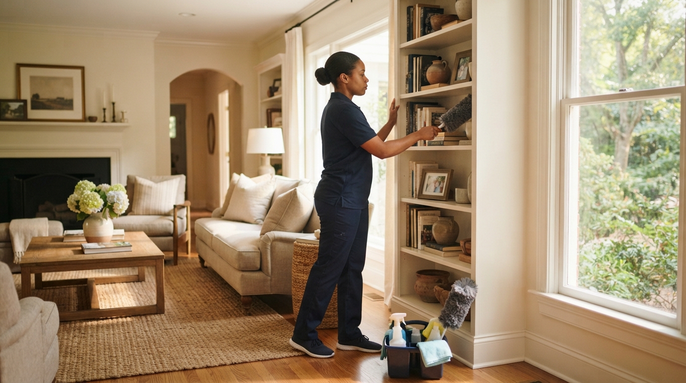 Maid service in Thomasville, GA - worker tidying a clean living room
