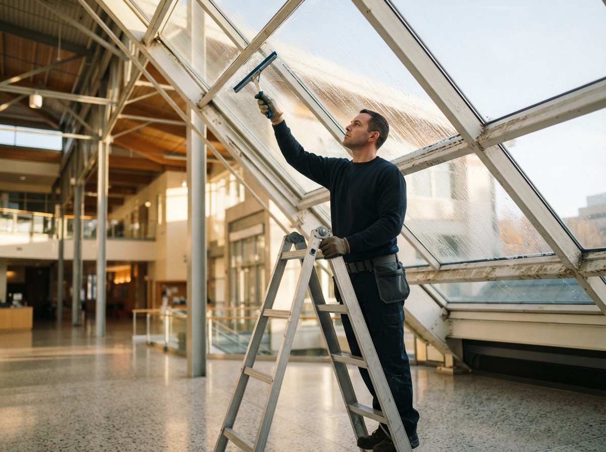 Skylight cleaning in Thomasville, GA - worker cleaning an overhead skylight