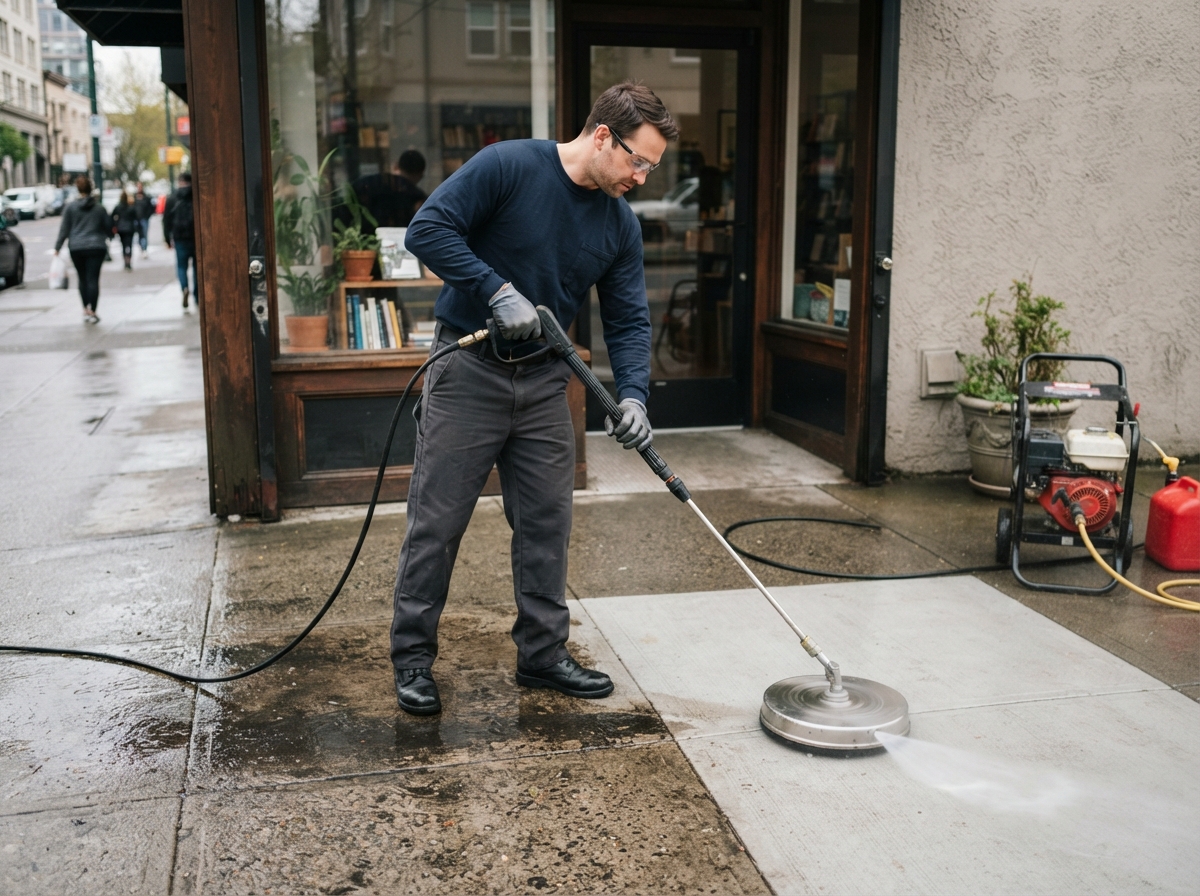 Commercial pressure washing in Thomasville, GA - worker pressure washing a storefront sidewalk