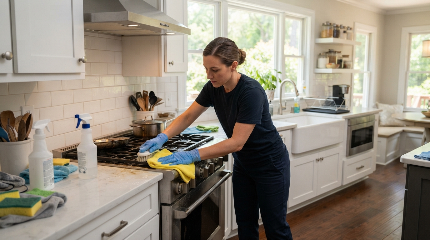Deep cleaning in Thomasville, GA - scrubbing a kitchen countertop and appliances