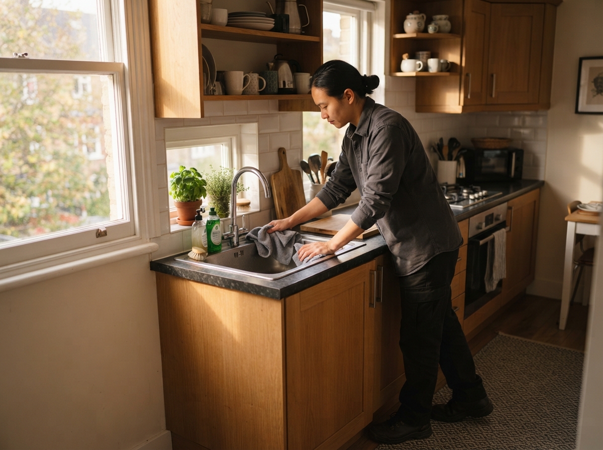 Apartment cleaning in Thomasville, GA - worker cleaning a small apartment kitchen