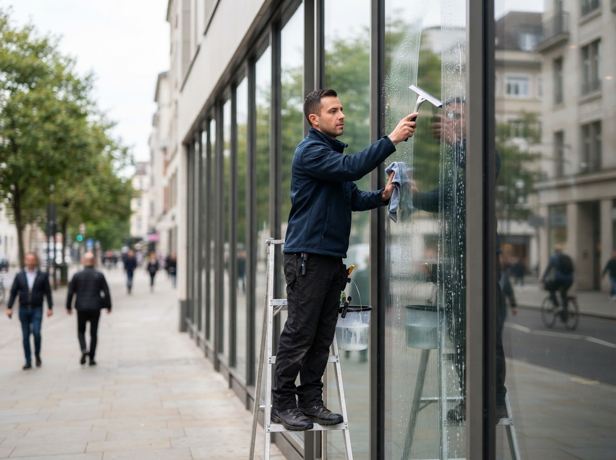 Commercial window cleaning in Thomasville, GA - worker cleaning storefront windows