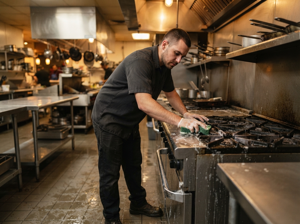 Restaurant cleaning in Thomasville, GA - worker degreasing a kitchen line