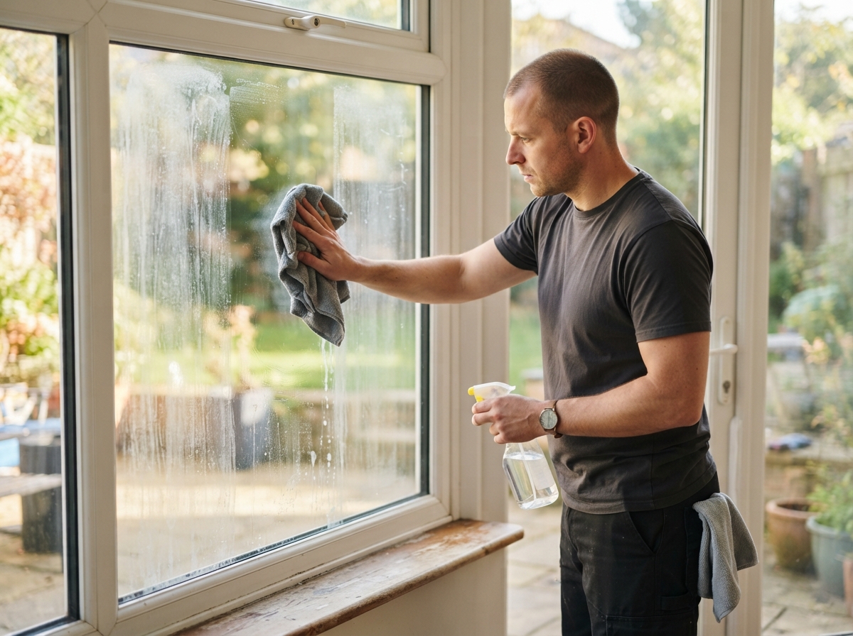 Hard water stain removal in Thomasville, GA - worker treating mineral stains on glass