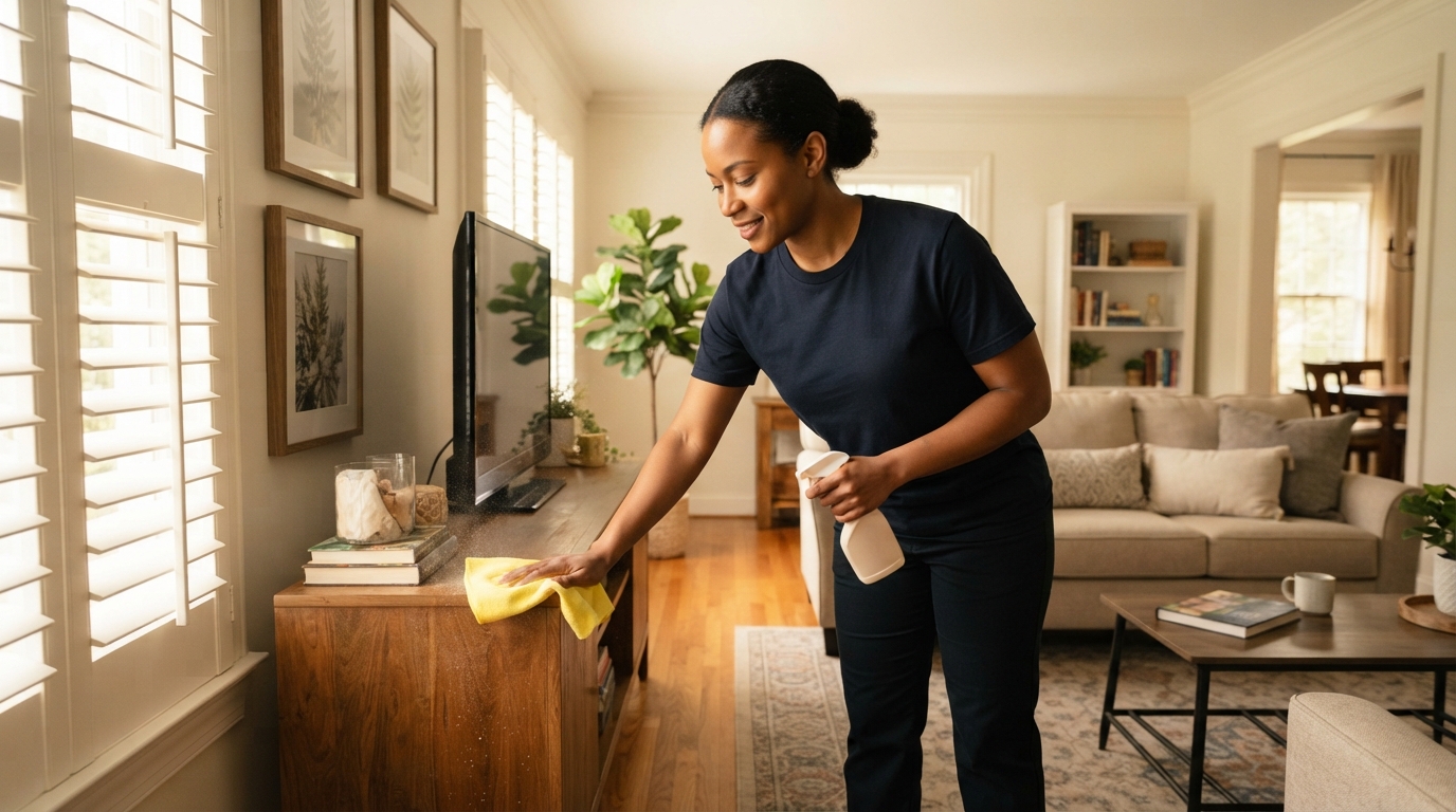 House cleaning in Thomasville, GA - worker cleaning a bright living room
