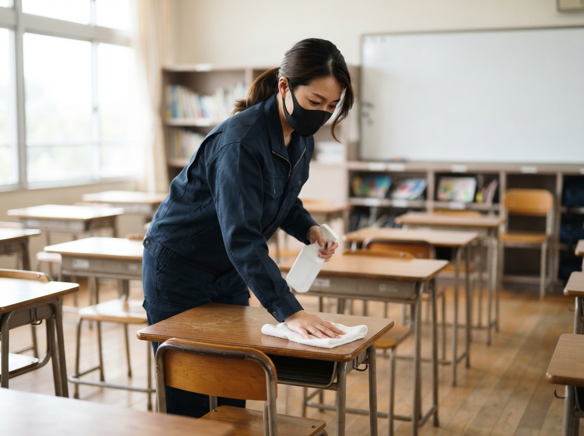 School cleaning in Thomasville, GA - worker disinfecting classroom desks
