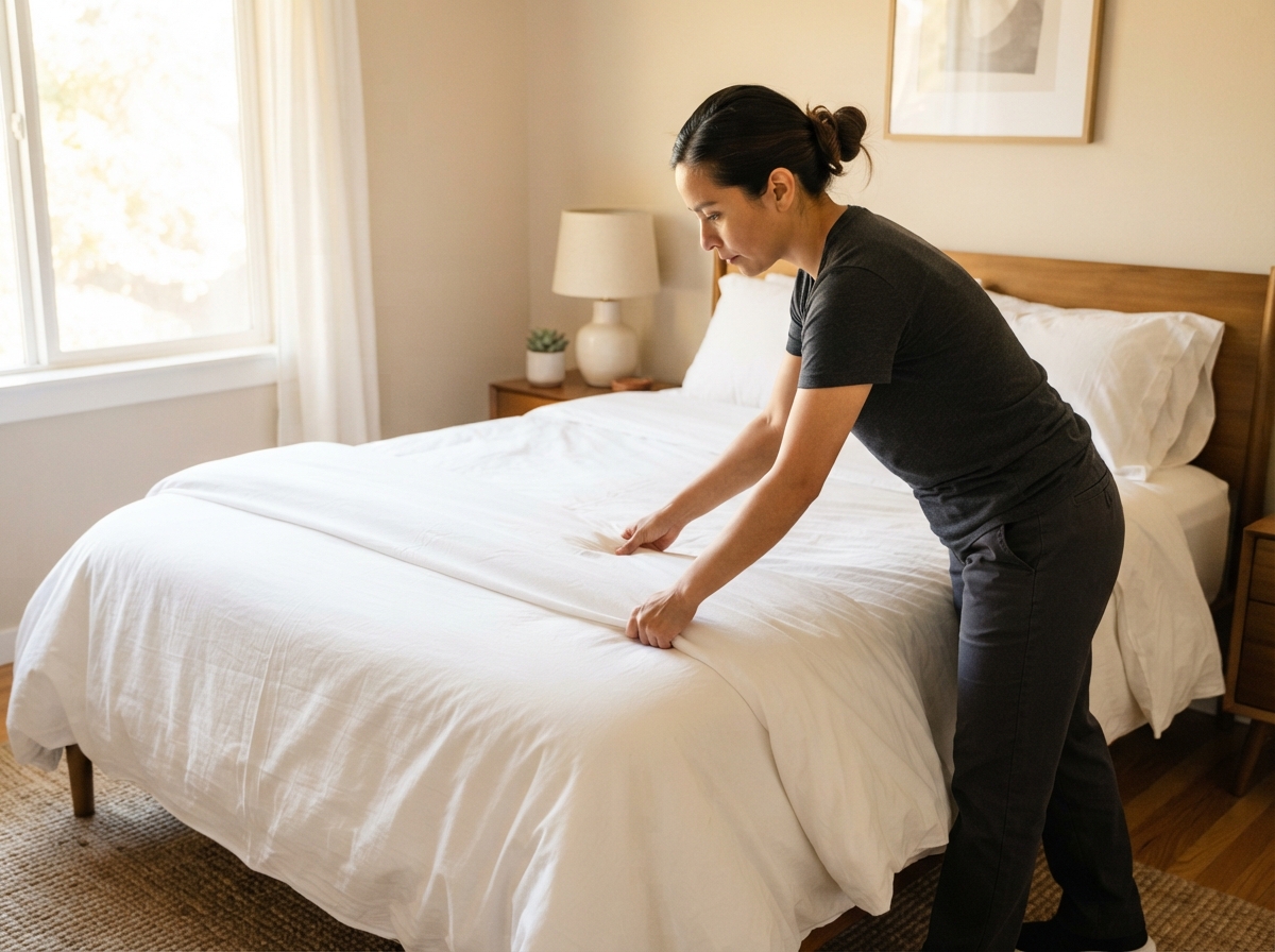 Airbnb cleaning in Thomasville, GA - making a bed during rental turnover