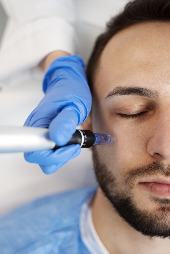 Patient undergoing microneedling treatment at Vizage Aesthetic Center