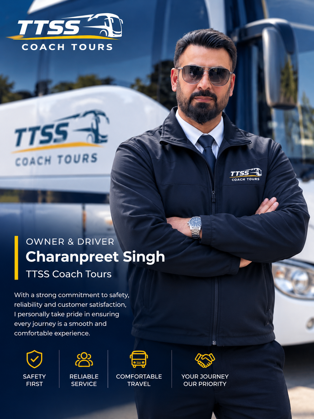 Charanpreet Singh, Owner and Professional Driver at TTSS Coach Tours Sydney standing in front of luxury charter coach
