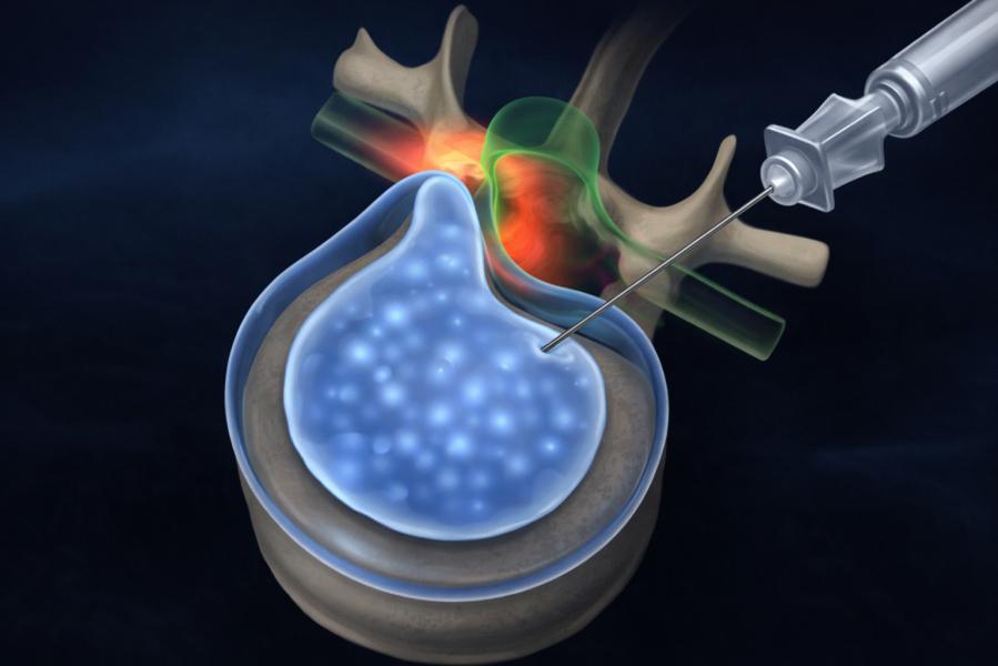 Ilustración médica de descompresión discal percutánea y nucleoplastia intradiscal