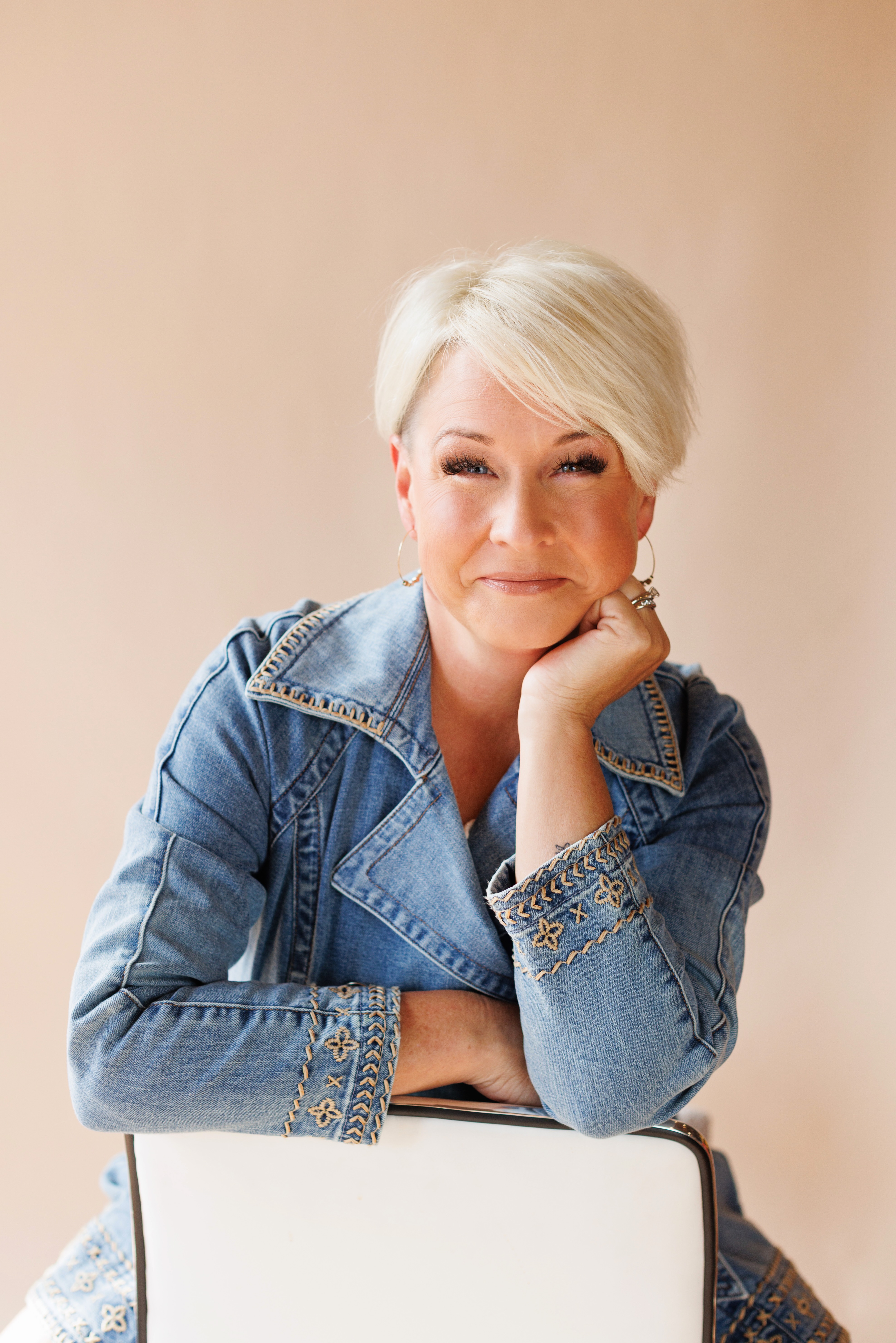 Lori Christophersen in a denim shirt, portrait