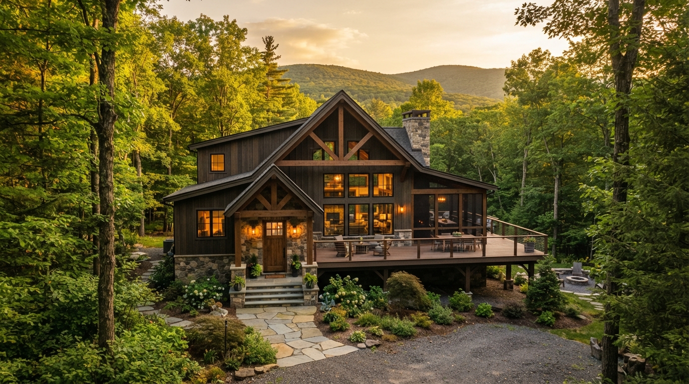 A Pocono Mountains cabin home surrounded by woodland trees at golden hour