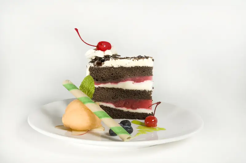 Layered Chocolate Raspberry Cream Cake with fruit puree and gelato at Asian Bistro