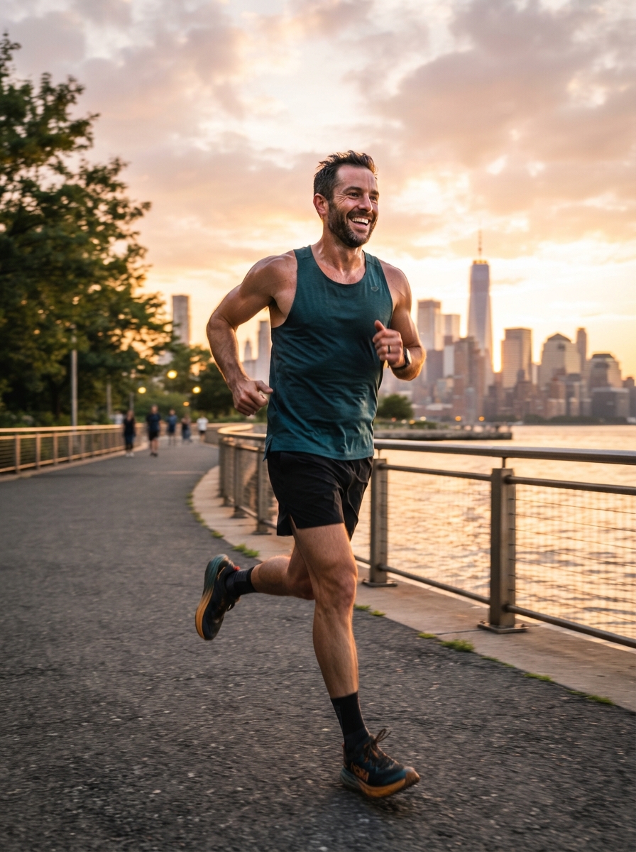 Man running at sunrise, full of energy and vitality