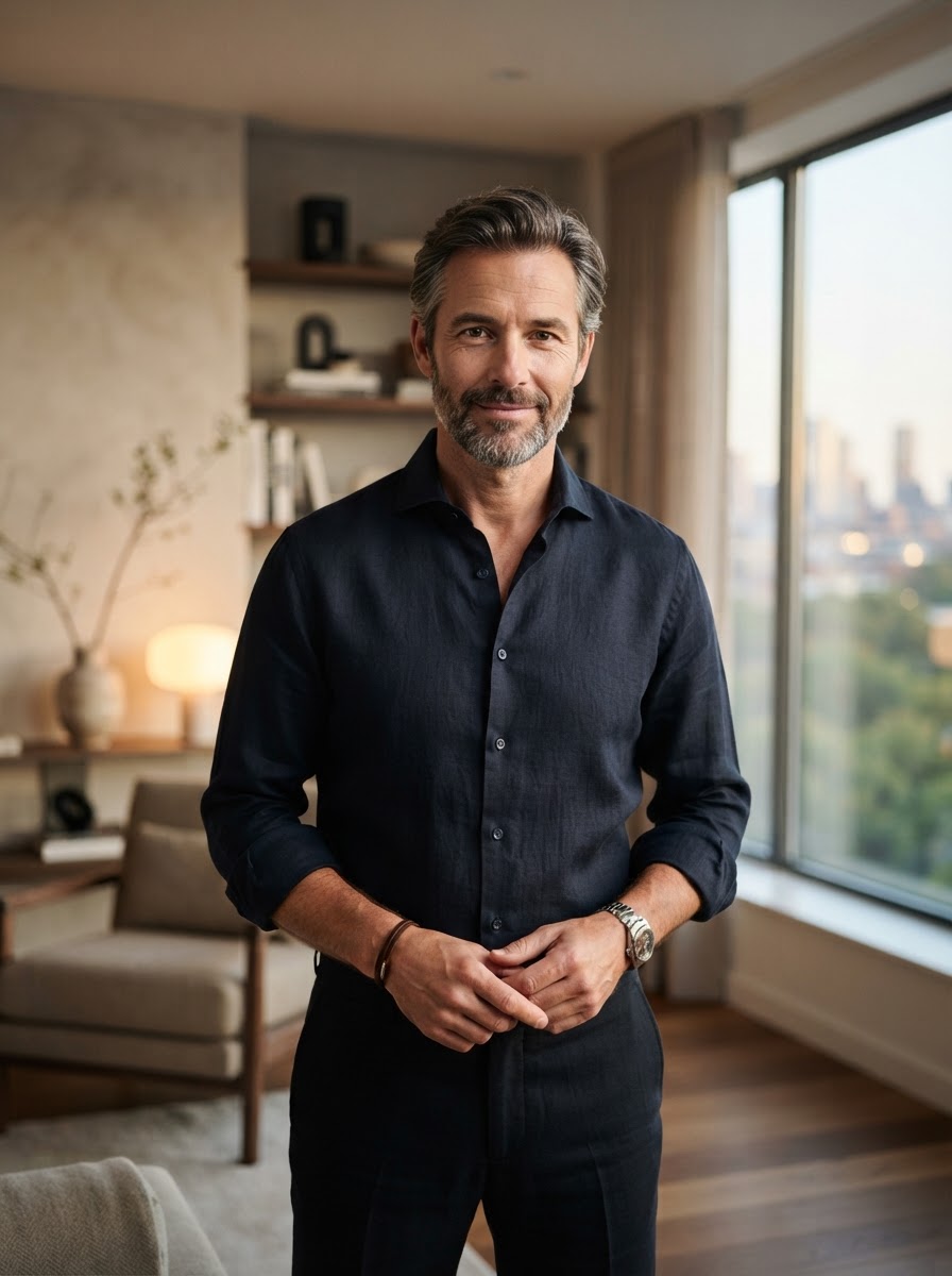 Confident man in tailored shirt projecting quiet self-assurance