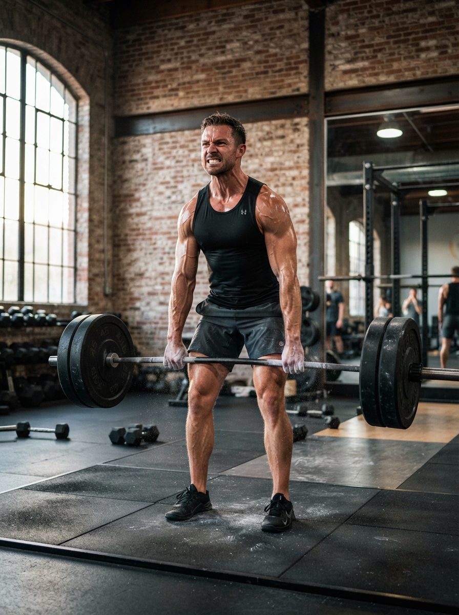 Man doing strength training in a modern gym, focused on body composition