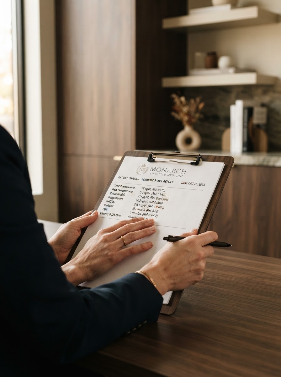Physician reviewing hormone health blood test results at Monarch Lifestyle Medicine