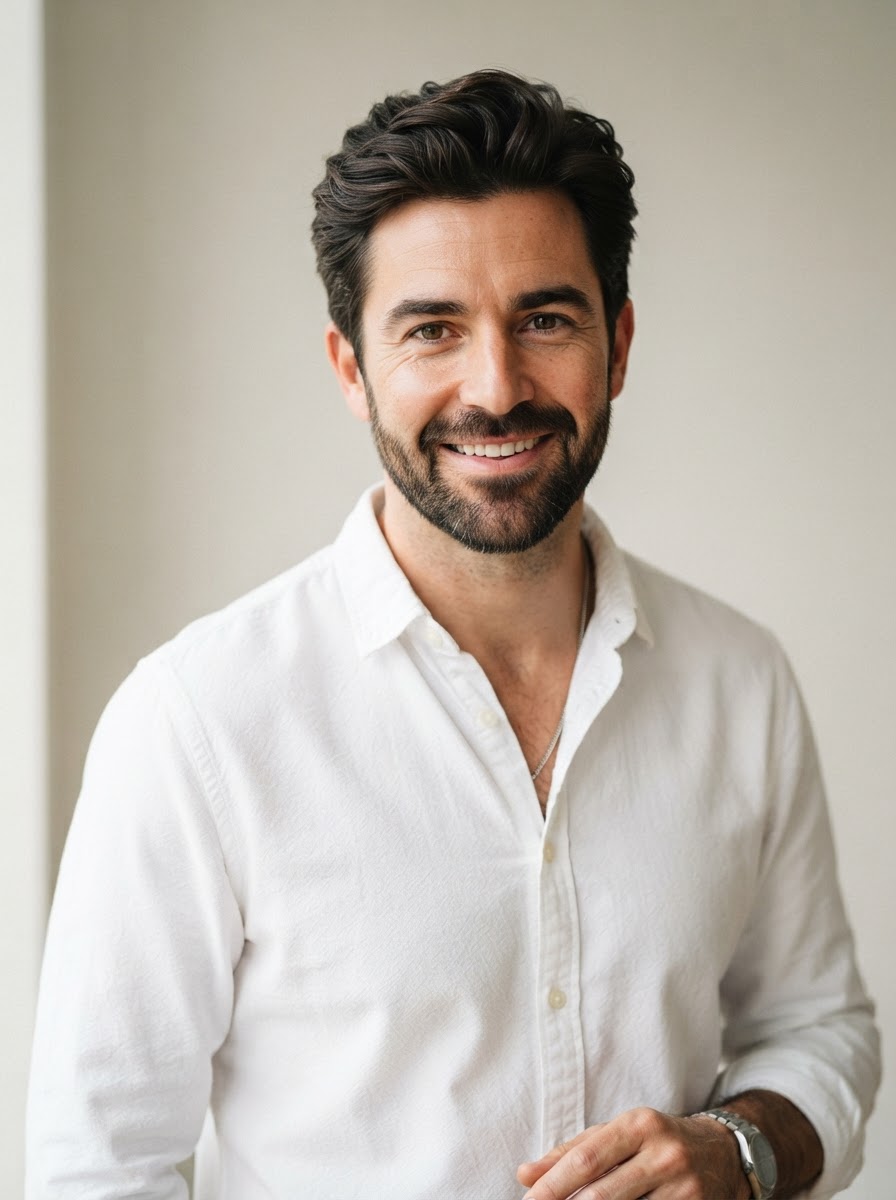 Man with thick healthy hair and well-groomed beard, confident appearance