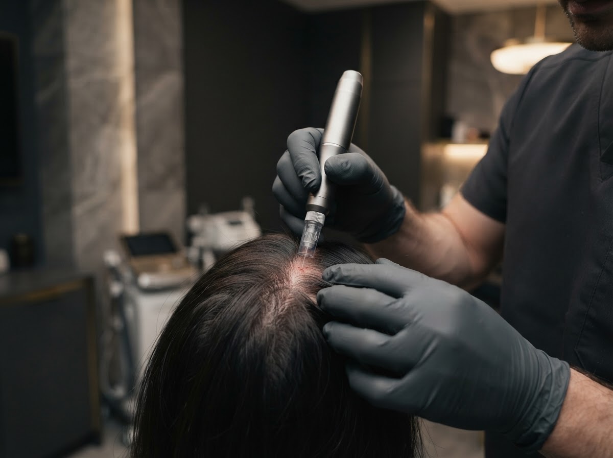 Physician performing scalp microneedling procedure at Monarch Lifestyle Medicine