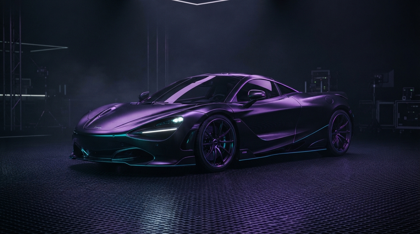 Premium sports car in a dark studio with purple and cyan lighting