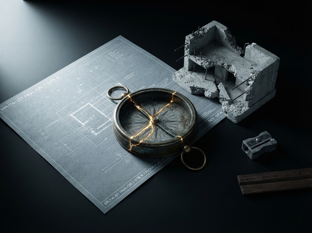 Brass compass and architectural blueprint on void-black ground, one molten gold kintsugi crack
