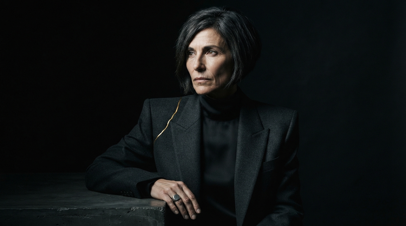 Composed midlife woman in void-black studio under a single hard light, cold authority