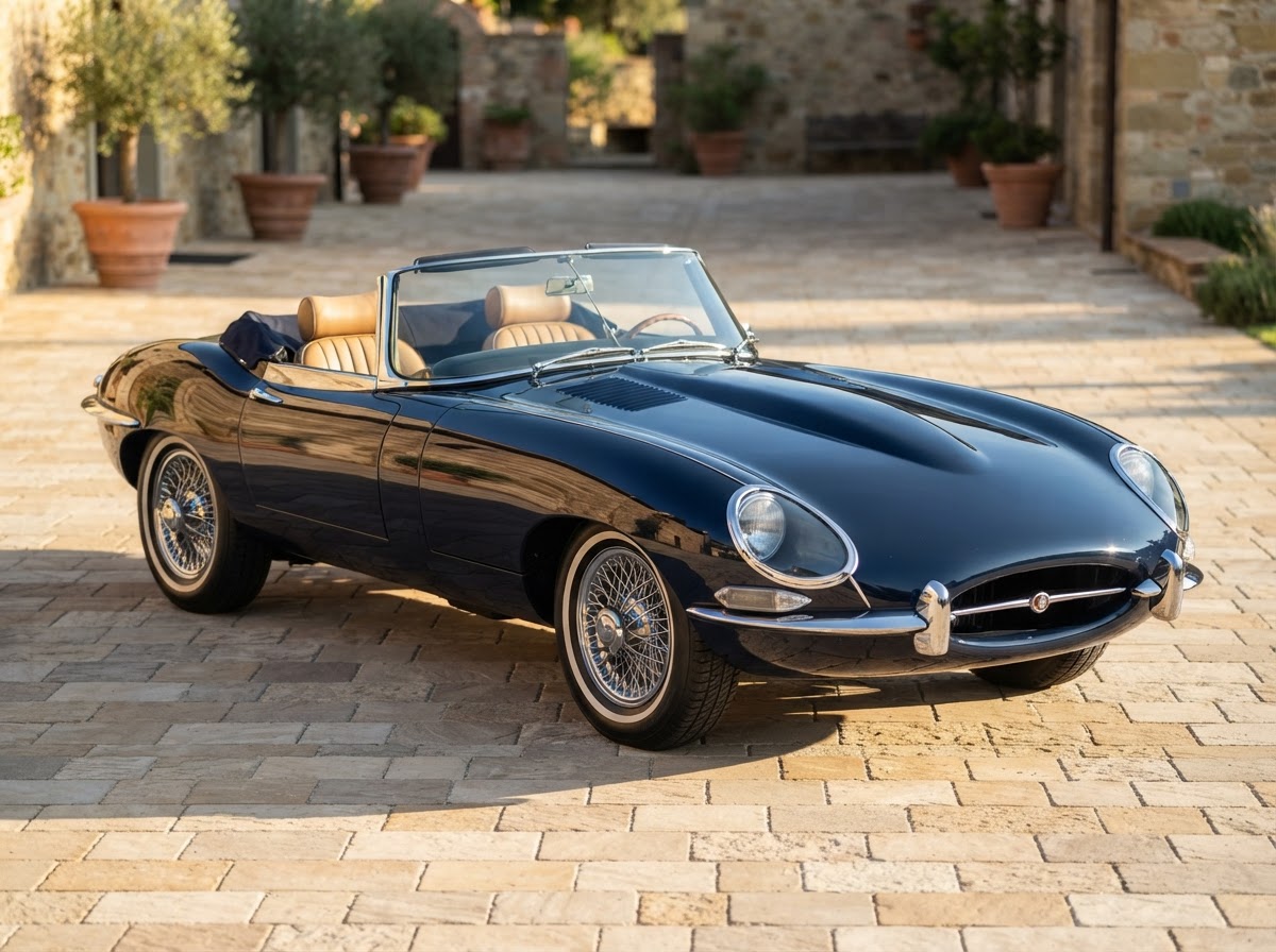 Jaguar E-Type S1 DHC Convertible (Blue) classic car in Tuscany for weddings and photoshoots — photo 1