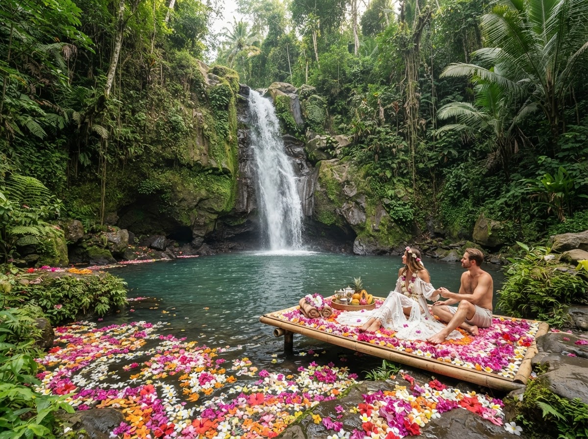 Bali Ubud secret waterfall proposal flower petals engagement — photo 1