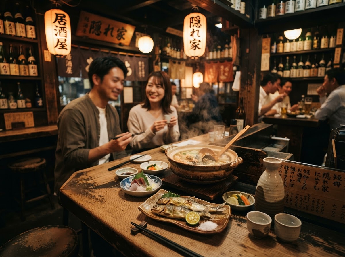 Cozy hidden Japanese izakaya interior at night with warm amber lantern light, wooden counter, small plates and sake — photo 1