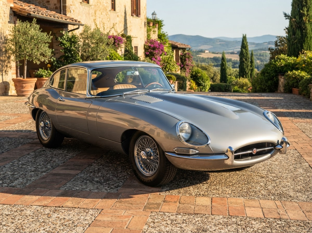 Jaguar E-Type S1 Coupé classic car in Tuscany for weddings and photoshoots — photo 1