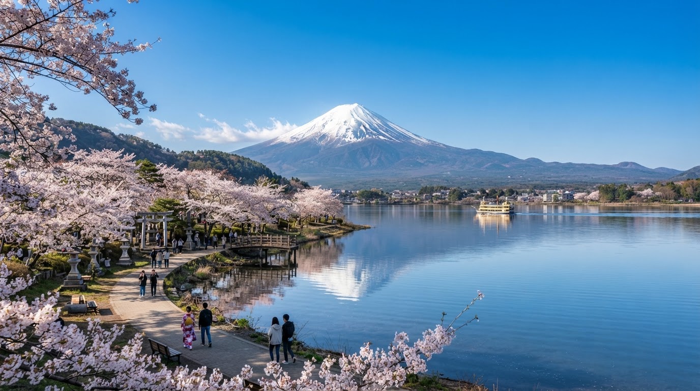Crisp bright view of Mount Fuji over Lake Kawaguchiko with cherry blossoms, Japan