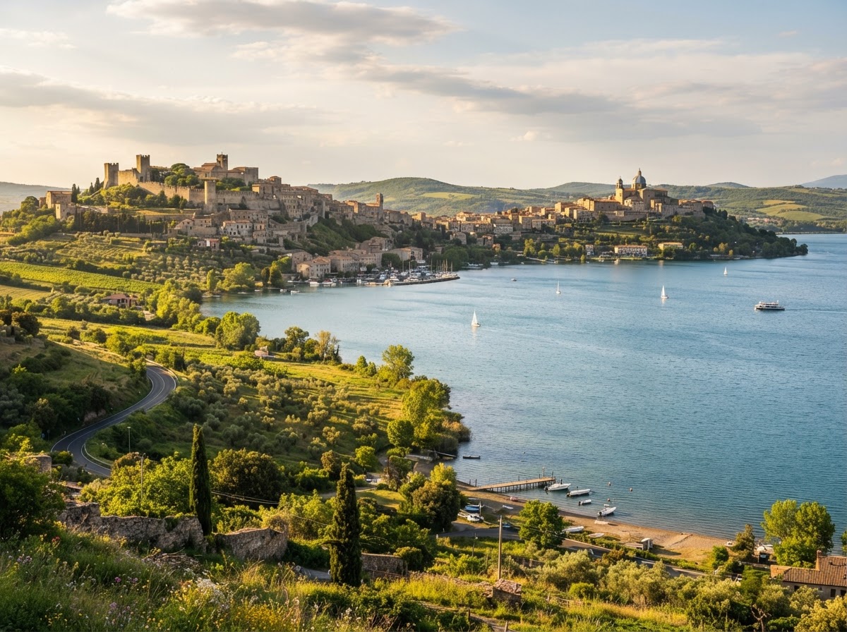 Panoramic view of Lake Bolsena in Tuscia with historic hilltop villages and green rolling hills — photo 1