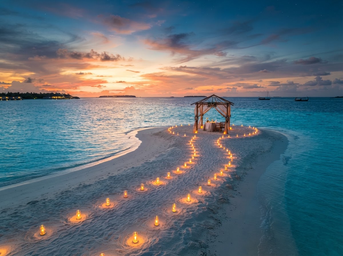 Maldives private sandbank proposal deserted island sunset engagement — photo 1