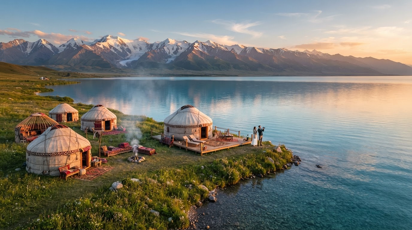 Lake Issyk-Kul alpine lake yurt camp Tian Shan mountains Kyrgyzstan
