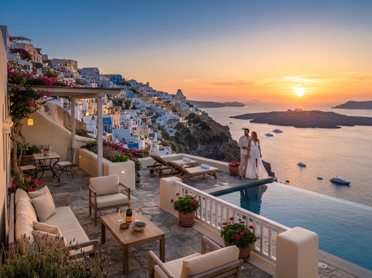 Santorini Oia sunset proposal cliffside terrace engagement — photo 1