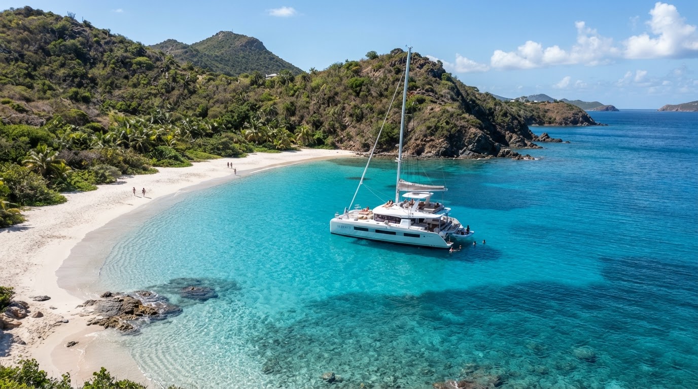 St Barths private catamaran sunset sail Colombier Beach Caribbean