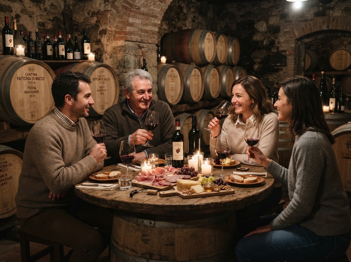Wine tasting in a Tuscia winery cellar with oak barrels, glasses of red wine and local cured meats — photo 1