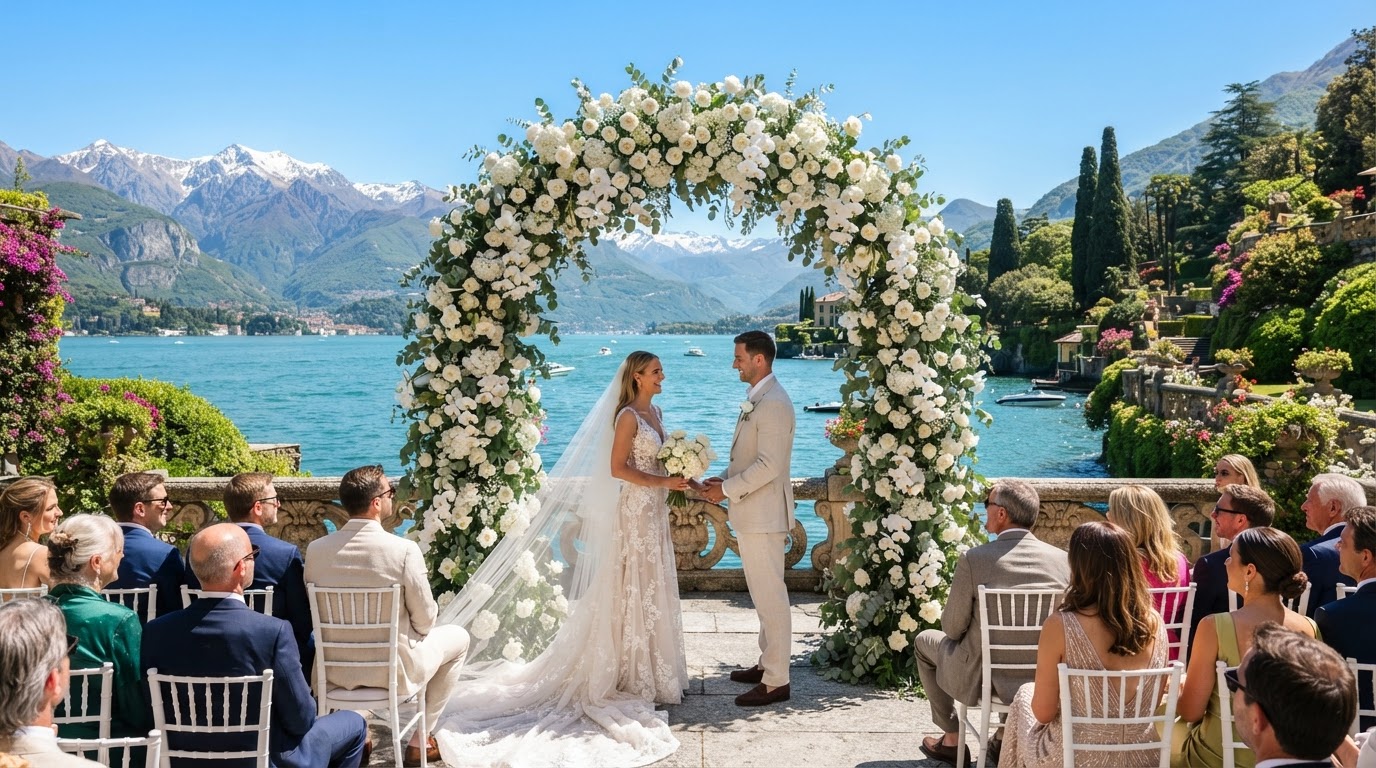 Bright luxury destination wedding at a Lake Como villa with white floral arch framing a sparkling turquoise lake under a clear blue sky