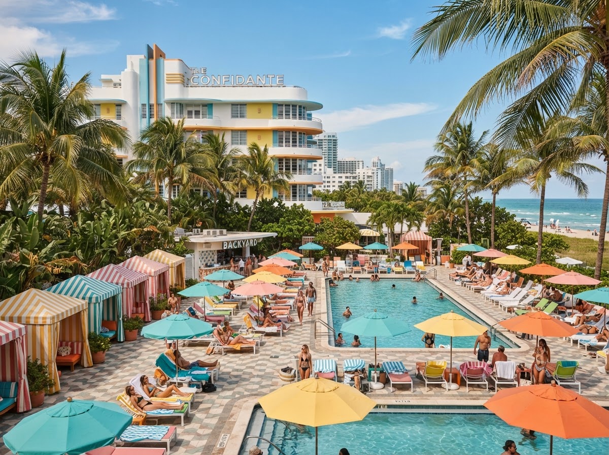 The Confidante Miami Beach pool cabanas retro glam bachelorette — photo 1