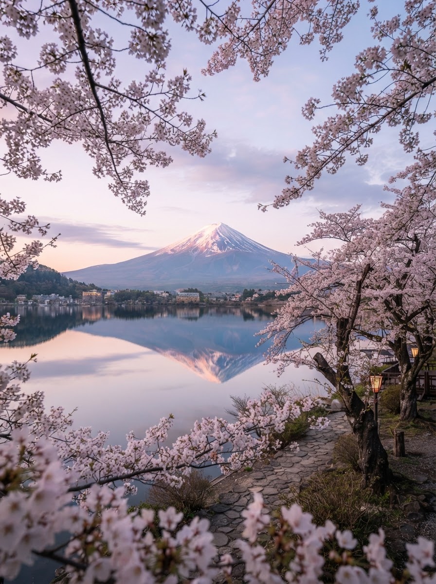 Mount Fuji over Lake Kawaguchiko with cherry blossoms in Japan — photo 1