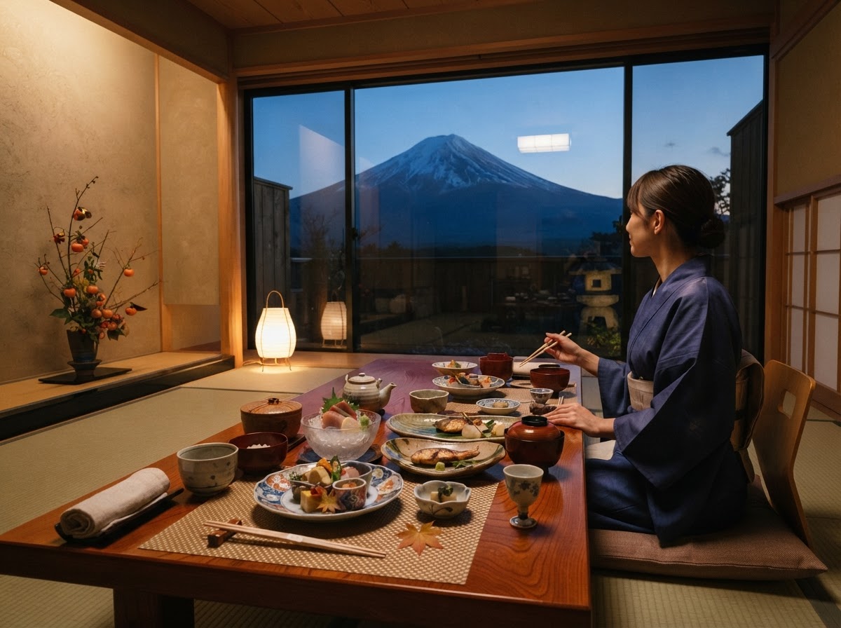 Elegant Japanese kaiseki dining room with private table and Mount Fuji framed in a large window at dusk — photo 1