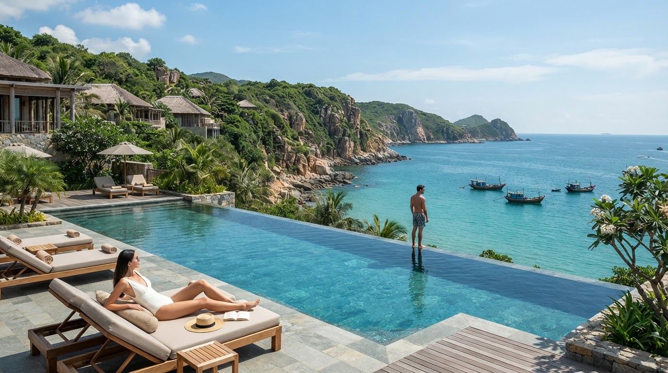 Amanoi Vietnam cliff top pool villa overlooking Vinh Hy Bay karst coastline