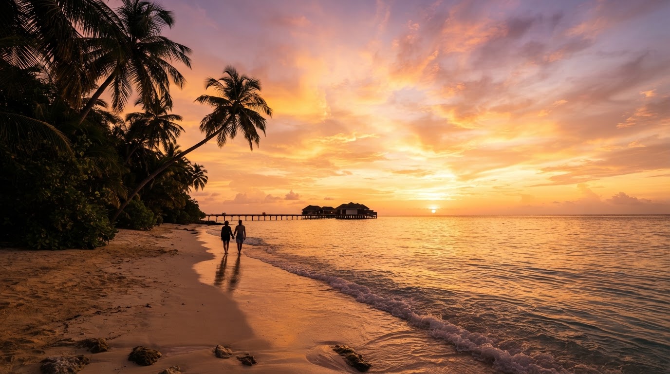 Golden sunset over a calm tropical ocean with palm silhouettes