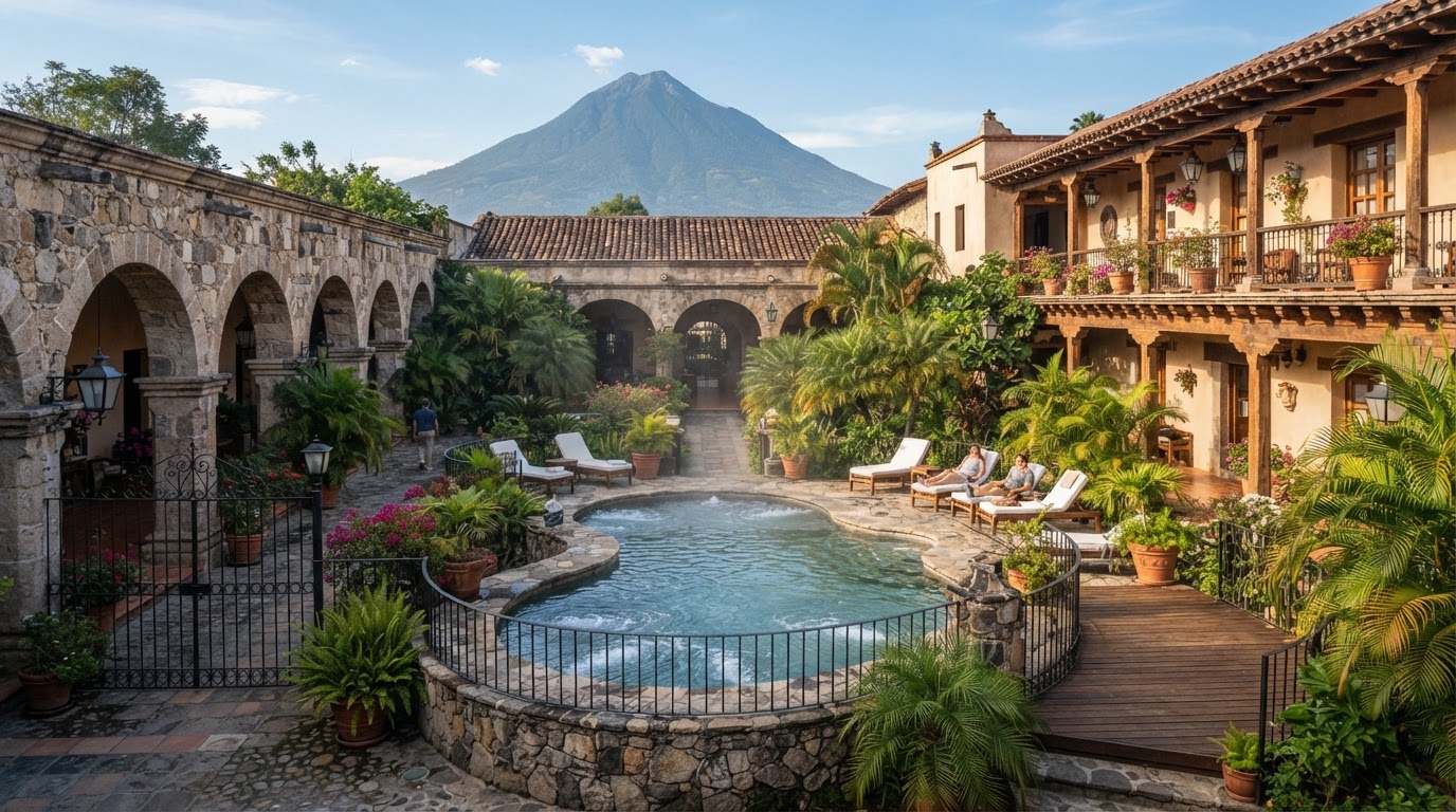 Hotel Camino Real Antigua courtyard fountain and volcanic stone architecture Guatemala — photo 1