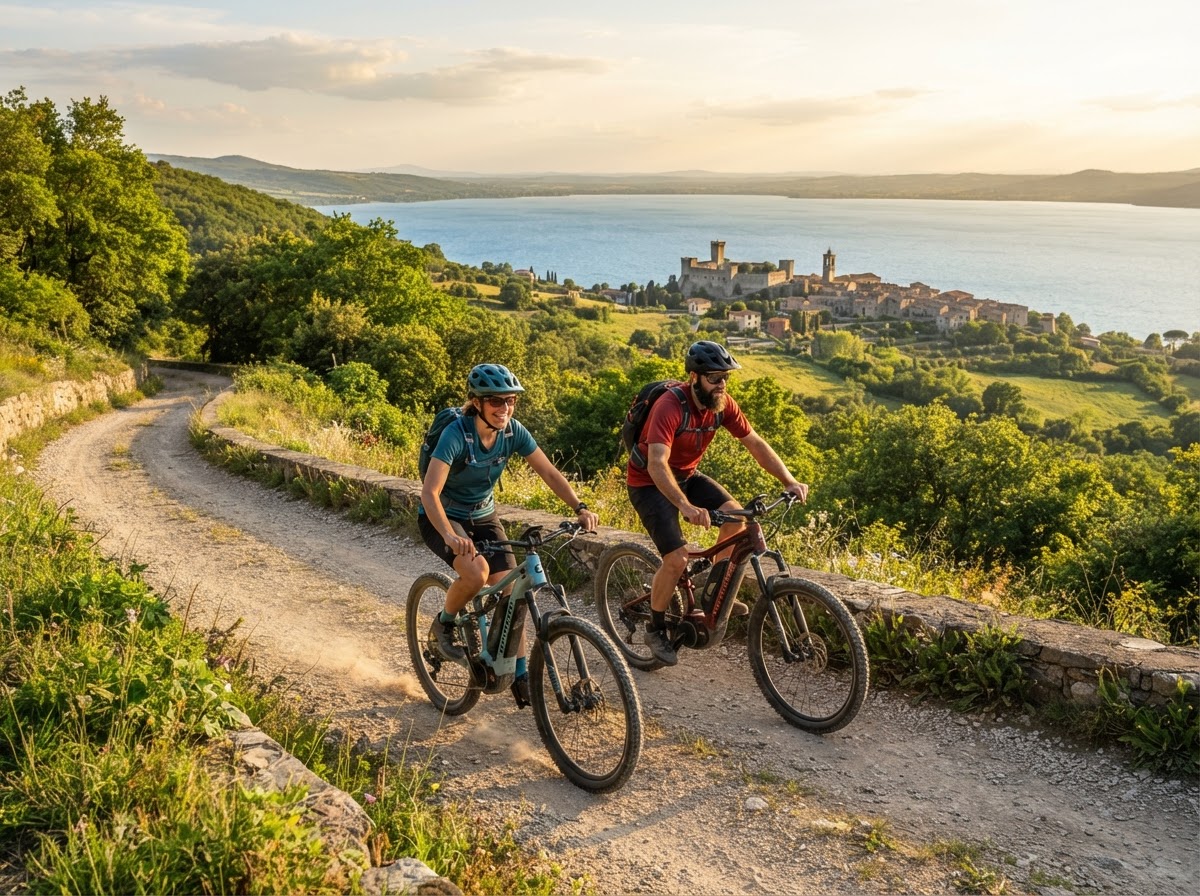 E-bikes on a scenic panoramic trail through green hills overlooking Lake Bolsena in Tuscia — photo 1