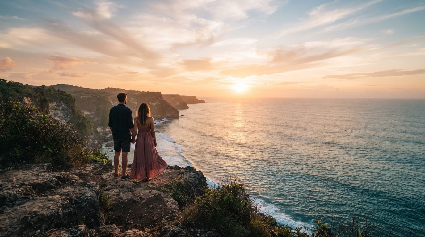 Couple gazing over an open turquoise ocean horizon at golden hour — the freedom and anticipation of travel