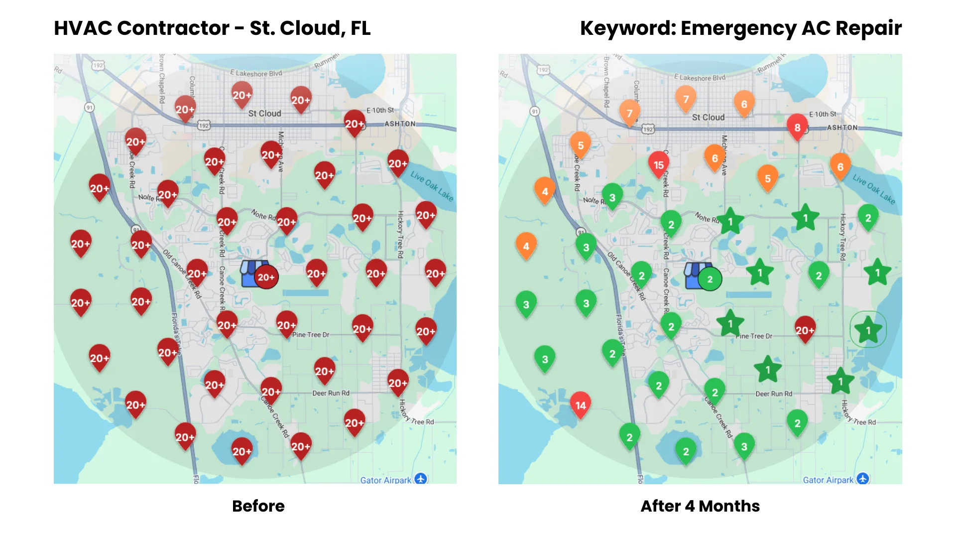 Google Maps heatmap for an HVAC company in St. Cloud, FL, before and after four months